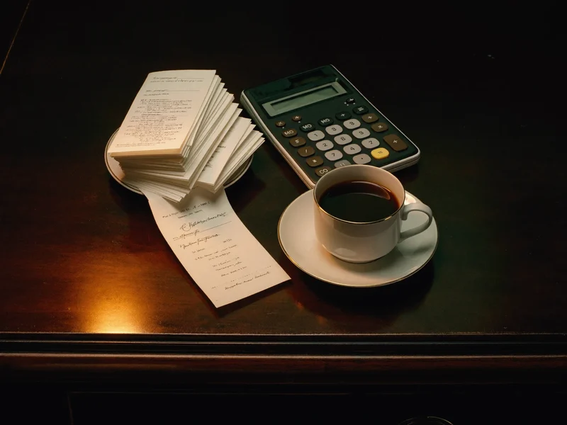 Illustration: Taschenrechner, leere Lohnabrechnungen und Kaffeetasse für das Lohnwesen
