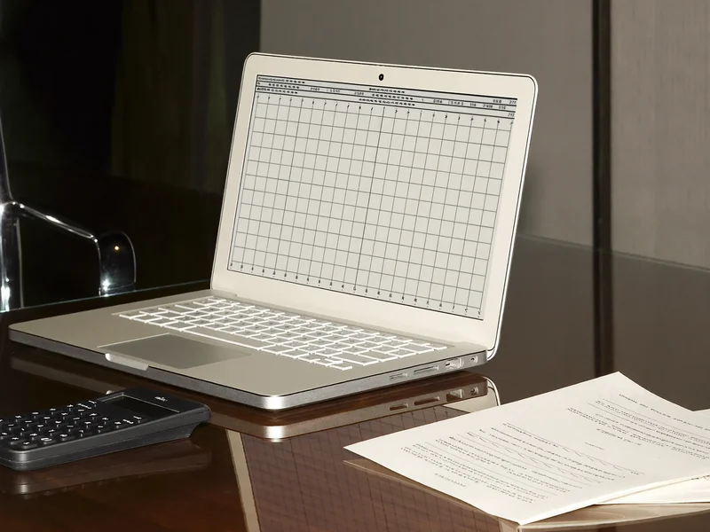 Illustration: Laptop, Rechner und Formulare zur Vorbereitung der Mehrwertsteuerabrechnung